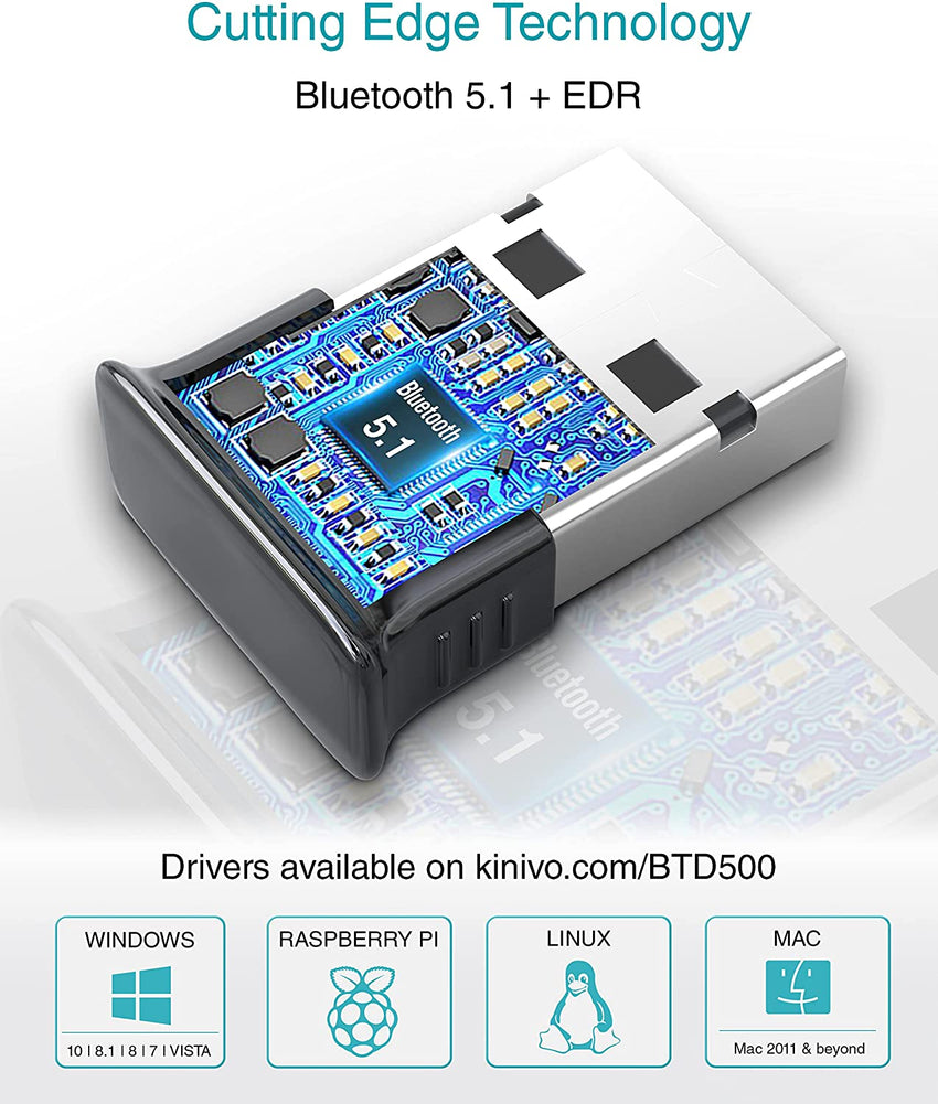 Kinivo USB Bluetooth Adapter for PC BTD500 (BT 5.0, Wireless Dongle Receiver for Windows 11/10/8.1/8, Raspberry Pi, Ubuntu)