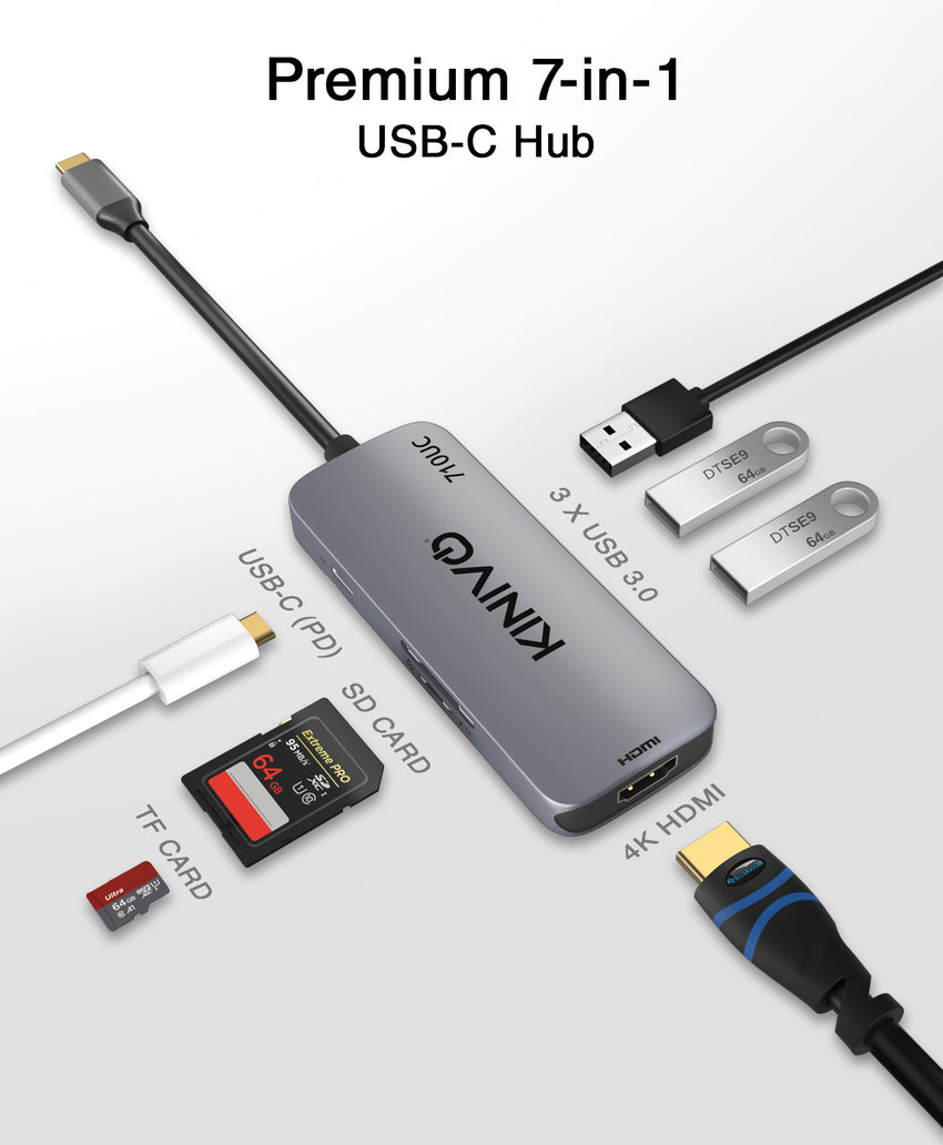 Kinivo 710UC USB C Hub (7 Port USB-C Adapter- 3 USB 3.0-5Gbps Data, 4K HDMI, 100W PD, SD, TF Card Reader)