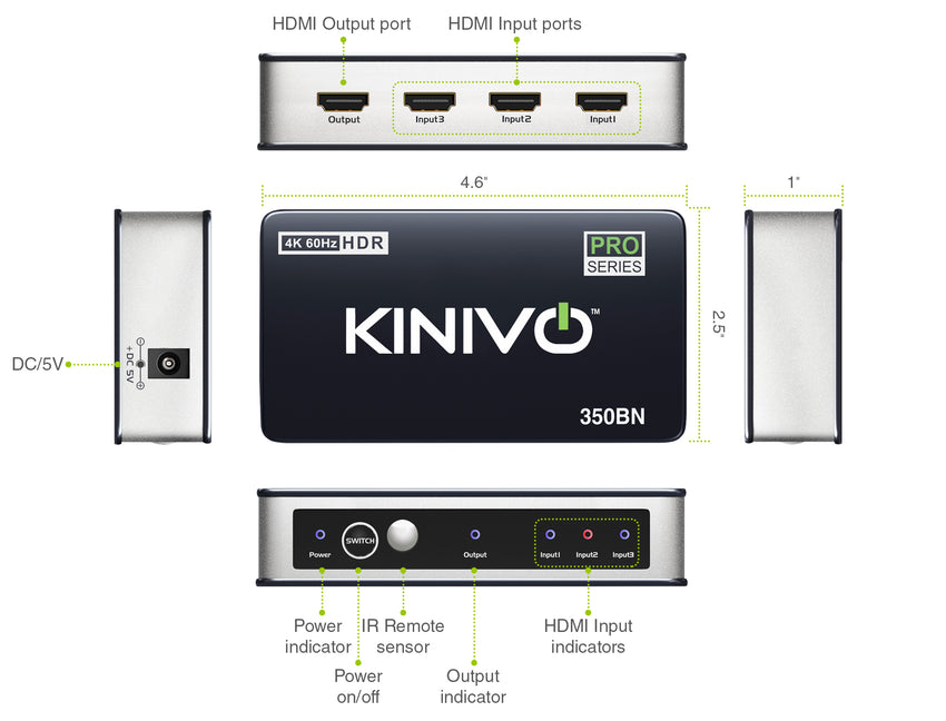 Kinivo HDMI Switch 4K HDR 350BN (3 in 1 Out, 4K 60Hz HDR, HDMI 2.0, High Speed 18Gbps, IR Remote, HDCP)