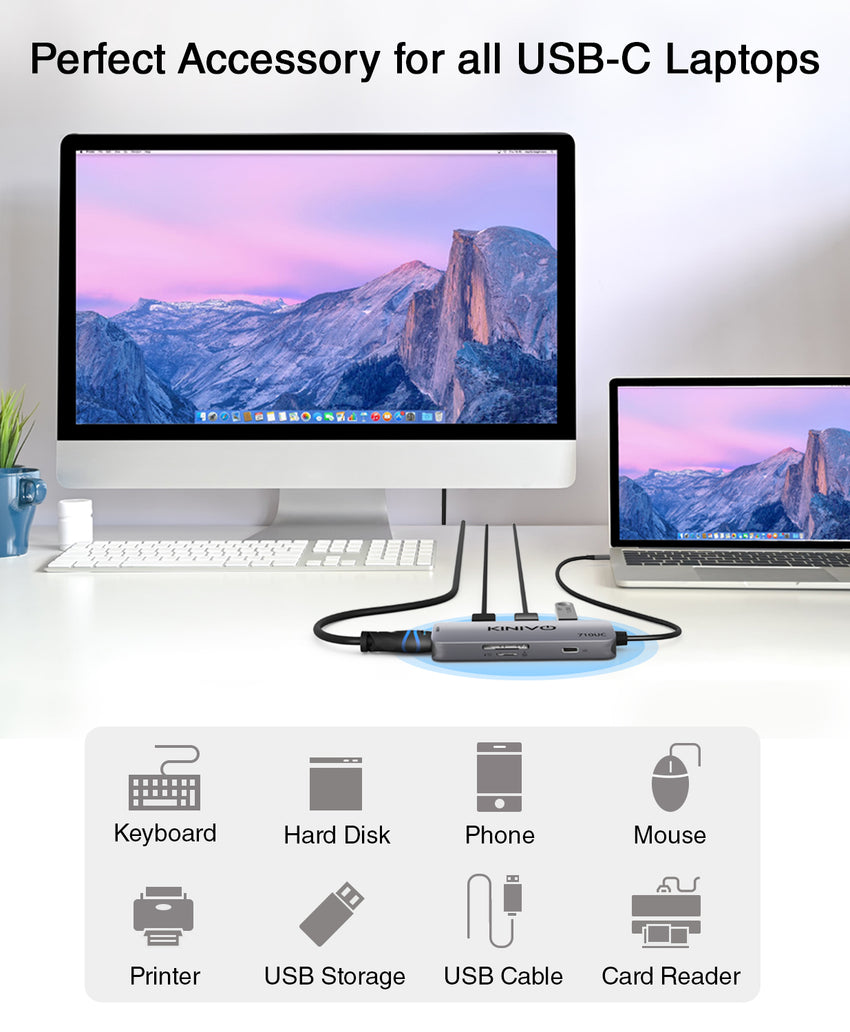 Kinivo 710UC USB C Hub (7 Port USB-C Adapter- 3 USB 3.0-5Gbps Data, 4K HDMI, 100W PD, SD, TF Card Reader)