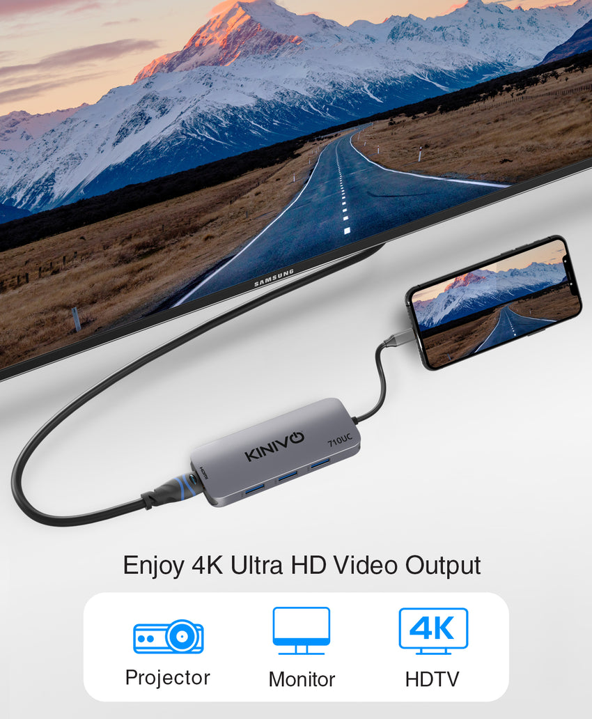 Kinivo 710UC USB C Hub (7 Port USB-C Adapter- 3 USB 3.0-5Gbps Data, 4K HDMI, 100W PD, SD, TF Card Reader)