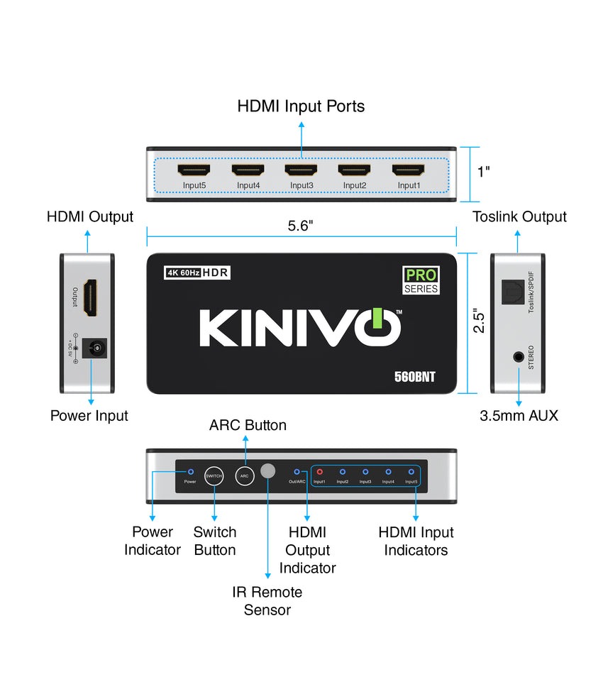 Kinivo HDMI Switch with Audio Extractor 560BNT (5 In 1 Out Hub, Toslink Optical Audio Port, SPDIF, 4K 60Hz Switcher, 18Gbps, IR Remote)